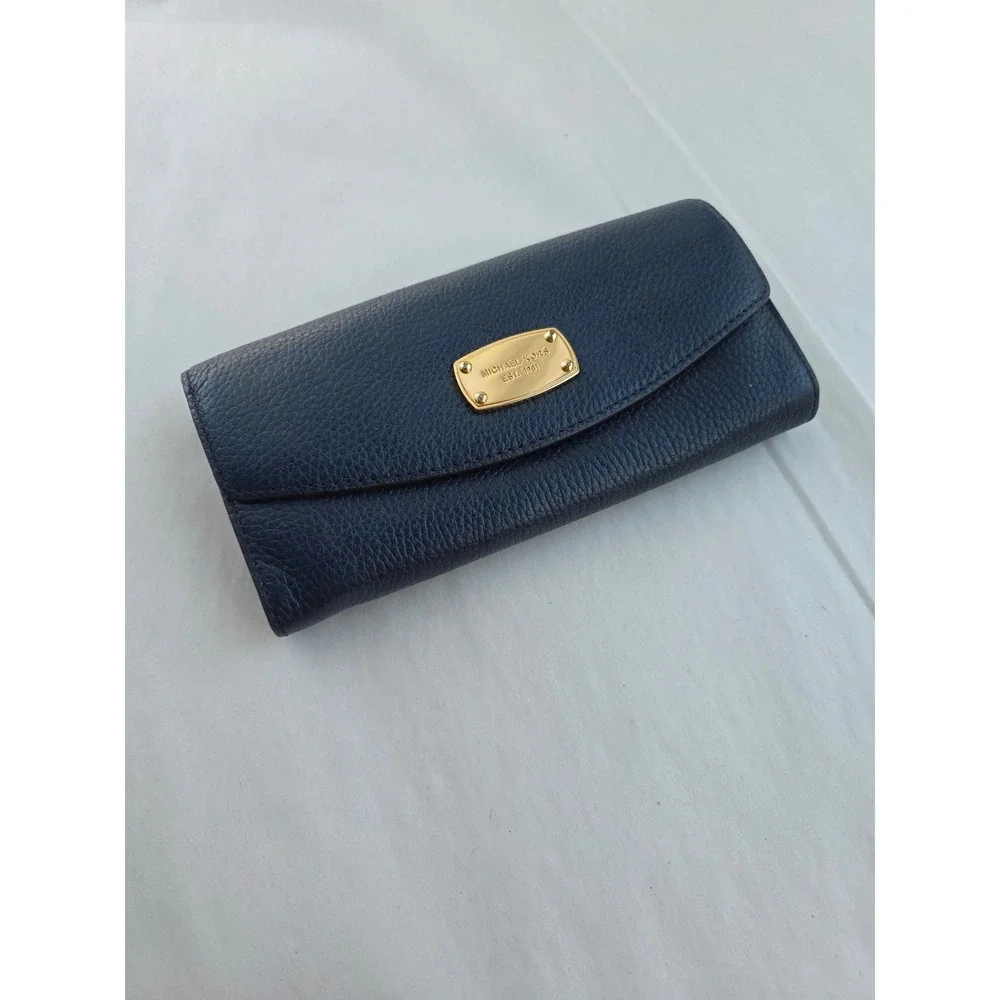 Michael Kors Navy Blue Pebbled Leather Jet Set Wallet 35T3GJSE7L Gold Hardware